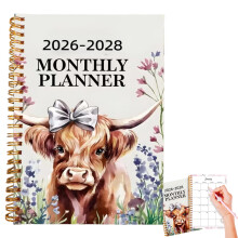 20262028 Monthly Planner Highland Cow Design, 3 Year Hardcover Spiral Calendar for School Office Home