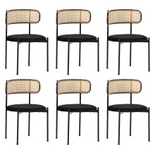 Rattan Back Set of 6 Black Velvet Chairs with Metal Frames