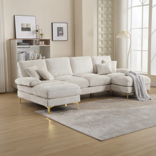 (Beige) Sectional U-Shaped Chenille Fabric 6 Seater Sofa
