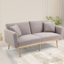 (Grey) Teddy Fabric Adjustable 2-Seater Loveseat Couch with Gold Legs