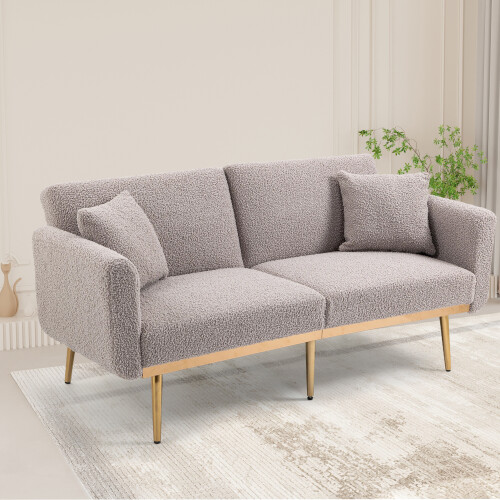 (Grey) Teddy Fabric Adjustable 2-Seater Loveseat Couch with Gold Legs