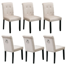 (Beige) Luxury Set of 6 Velvet Dining Chairs with Nailhead Trim and wood legs