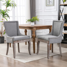 (Grey) Vintage Kitchen Dining Chairs with Linen Upholstered Fabric Set of 2 with Oak Wood Legs