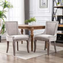 (Beige) Vintage Kitchen Dining Chairs with Linen Upholstered Fabric Set of 2 with Oak Wood Legs