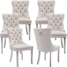 (Beige) Winchester Set of 6 Velvet Upholstered Dining Chairs with Silver Steel Legs