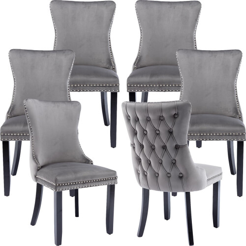 (Grey) Lux Velvet Tufted Kitchen Dining Chairs Set of 6