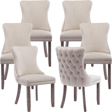 (Beige) Lux Velvet Tufted Kitchen Dining Chairs Set of 6