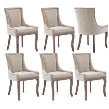 (Beige) Vintage Kitchen Dining Chairs with Linen Upholstered Fabric Set of 6 with Oak Wood Legs