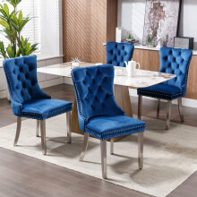 (Blue) Winchester Set of 4 Velvet Upholstered Dining Chairs with Silver Steel Legs