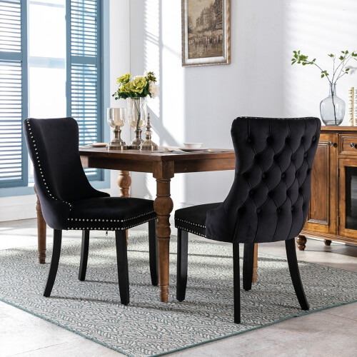 (Black) Lux Velvet Tufted Kitchen Dining Chairs Set of 2