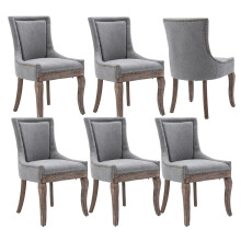 (Grey) Vintage Kitchen Dining Chairs with Linen Upholstered Fabric Set of 6 with Oak Wood Legs
