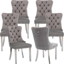 (Grey) Winchester Set of 6 Velvet Upholstered Dining Chairs with Silver Steel Legs