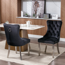(Black) Winchester Set of 2 Velvet Upholstered Dining Chairs with Silver Steel Legs