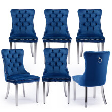 (Blue) Winchester Set of 6 Velvet Upholstered Dining Chairs with Silver Steel Legs