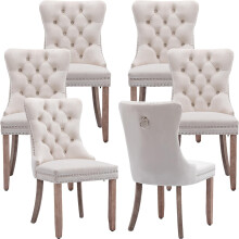 (Beige) Winchester Set of 6 Velvet Upholstered Dining Chairs with Wood Legs