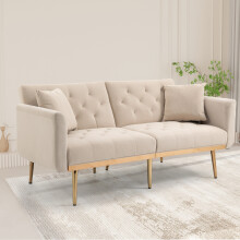 (Beige) 2-Seater Velvet Sofa with Adjustable Backrest & Gold Legs