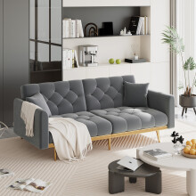 (Grey) 2-Seater Velvet Sofa with Adjustable Backrest & Gold Legs