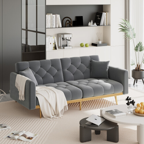 (Grey) 2-Seater Velvet Sofa with Adjustable Backrest & Gold Legs