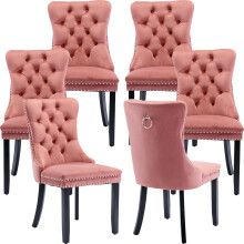 (Pink) Winchester Set of 6 Velvet Upholstered Dining Chairs with Wood Legs