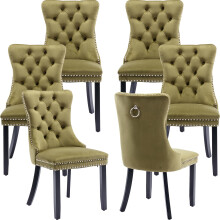 (Olive Green) Winchester Set of 6 Velvet Upholstered Dining Chairs with Wood Legs