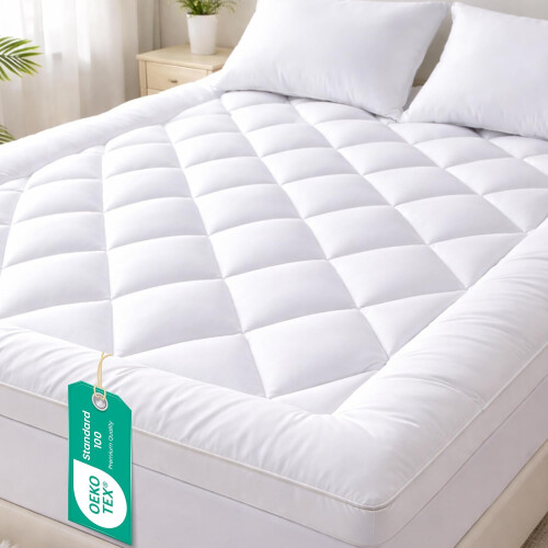 (Small Double, White) Mattress Topper 10cm Thick Quilted Microfiber, 1200GSM Anti-Allergy Fill, Washable with Elastic Straps, Extra Comfort