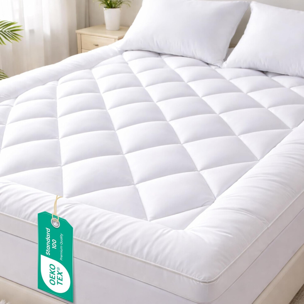 Sunshine Comforts (King, White) Mattress Topper 10Cm Thick Quilted Microfiber, 1200Gsm Anti-Allergy Fill, Washable With Elastic Straps, Extra Comfort