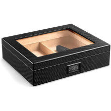 Carbon Fiber Cigar Humidor Box Black Cedar Wood with Digital Hygrometer Glass for 2025 Cigars