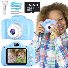 Kids Digital Camera with 32GB Card, HD Video Recording, Selfie Dual Mode, 2.0 Inch IPS Screen Gift (Blue)