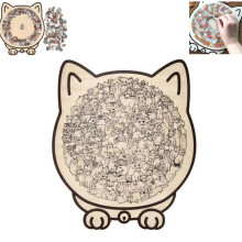 Wooden Cat Jigsaw Puzzle 135 Pcs Natural Wood Finish Cute Animal Design Gift for Adults with Cover