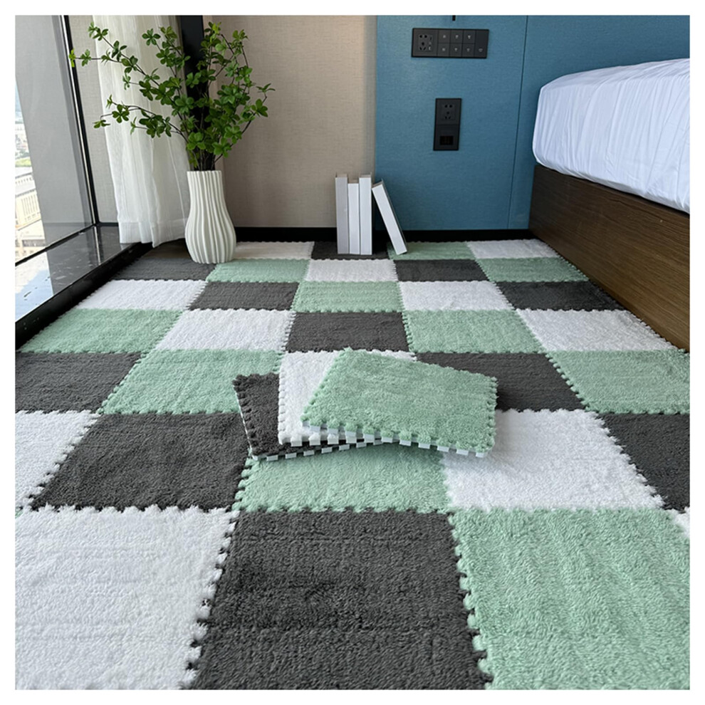 50Pcs Plush Interlocking Foam Floor Mat 12X12in Soft Puzzle Tiles With Border Trim For Kids Room, Gray/Green/White