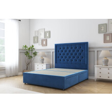 (4'6 Double, Navy) Sloomy Montana Plush Divan Bed Base 2 Drawers Same Side With 26" Strutted Headboard