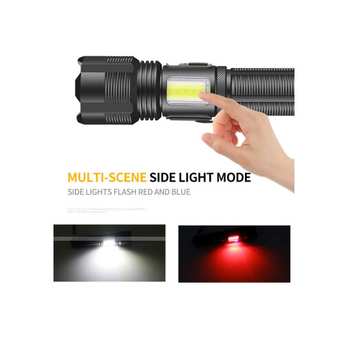 1000 Lumens USB Rechargeable LED Flashlight, Waterproof Zoomable Torch with Side Work Light 2