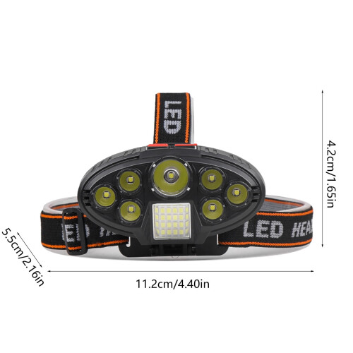 Φακός κεφαλής LED με φόρτιση USB, μαύρος, 7 φώτα, 8 λειτουργίες 2