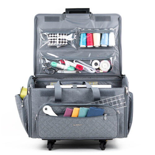 XXL 4 Wheel Collapsible Rolling Sewing Machine Storage Case, Grey Quilted 1
