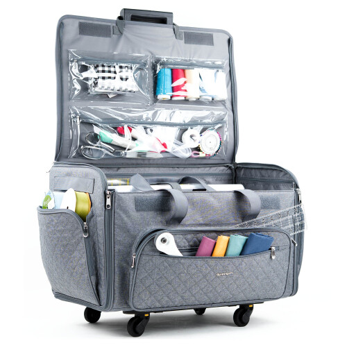 XXL 4 Wheel Collapsible Rolling Sewing Machine Storage Case, Grey Quilted 2