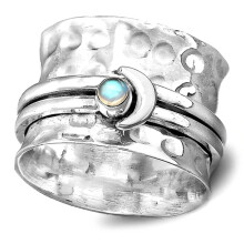 Vintage Silver Spinner Ring for Women, Anxiety Relief Fidget Band with Sun Moon Star Design