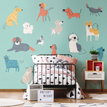 (Large (3.5m X 2.8m)) Happy Dogs Wall Mural - Blue