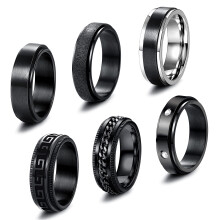 Fidget Spinner Ring Set Size 7 Black Stainless Steel Anxiety Rings for Men and Women Durable Focus‑Enhancing Design