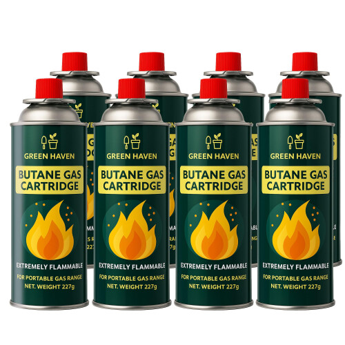 Green Haven Butane Gas Canisters 8 Pack – EN417 Non-threaded Camping