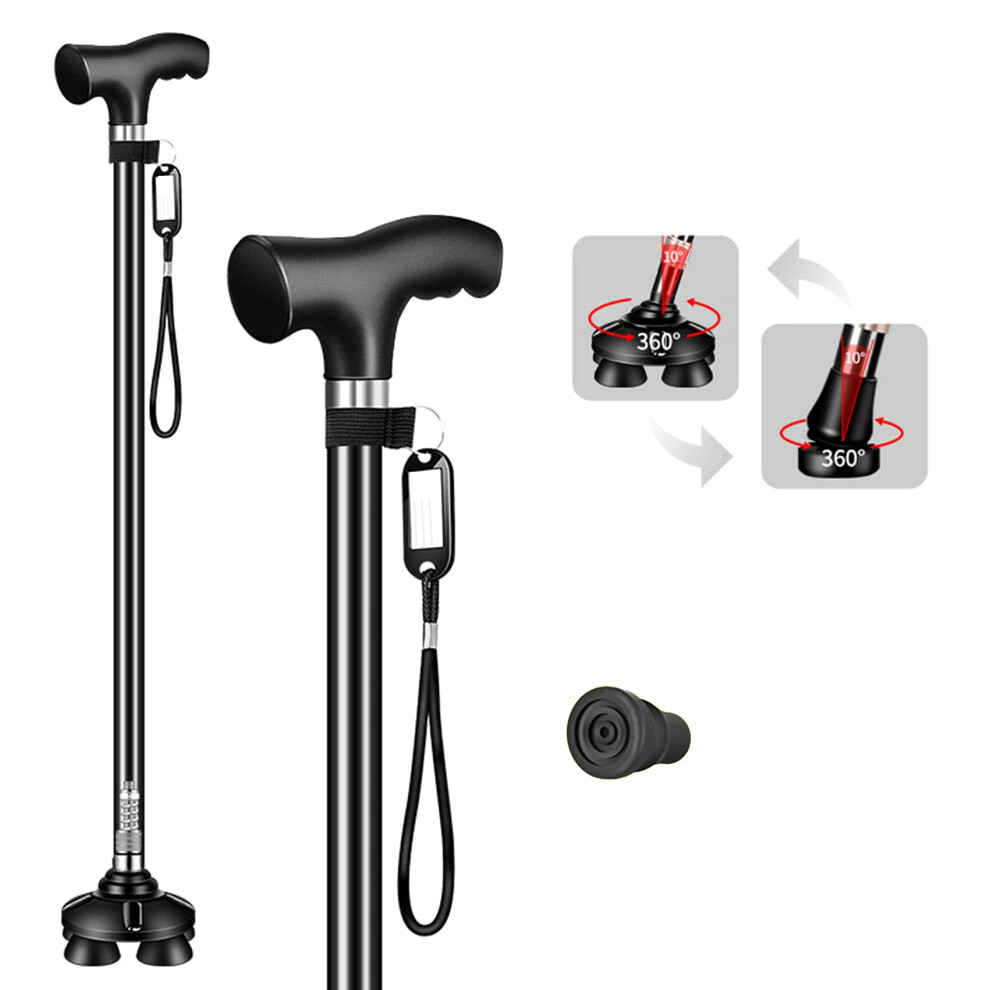 Black Folding Walking Cane For Seniors With 360 Pivoting Quad Base, Adjustable Lightweight Walking Stick For Men And Women,