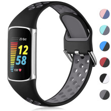CeMiKa Sport Silicone Strap Compatible with Fitbit Charge 5/6, Waterproof Soft Adjustable Breathable Sport Bands, Small/Large