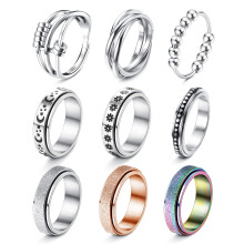 9 Pcs Stainless Steel Fidget Spinner Rings Set for Anxiety Relief Moon Star Flower Design for Women Men Teen