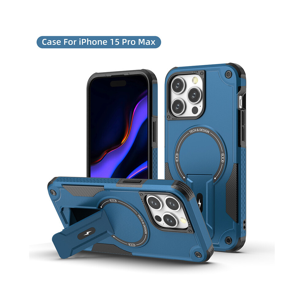 Photos - Case  Magnetic Phone  Shockproof Rugged Protective Cover with Kickstand, Anti-Slip Grip, Magnet(iPhone 15 Pro Max, Navy Blue)