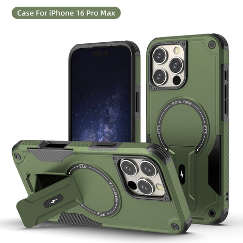 (iPhone 16 Pro Max, Armeegrün) iPhone Hülle stoßfest mit Ständer und Magnetring