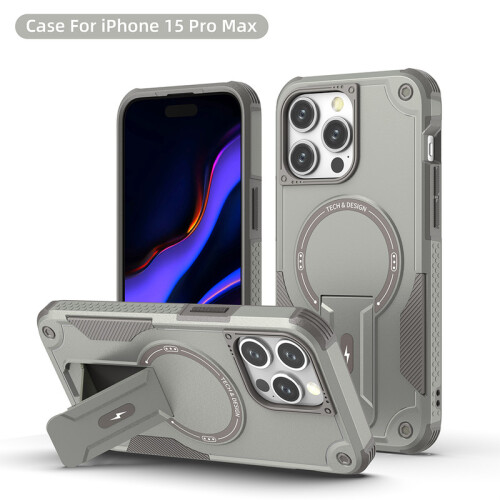 (iPhone 15 Pro Max, Titangrau) iPhone Hülle stoßfest mit Ständer und Magnetring