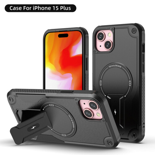 (iPhone 15 Plus, Mattschwarz) iPhone Hülle stoßfest mit Ständer und Magnetring