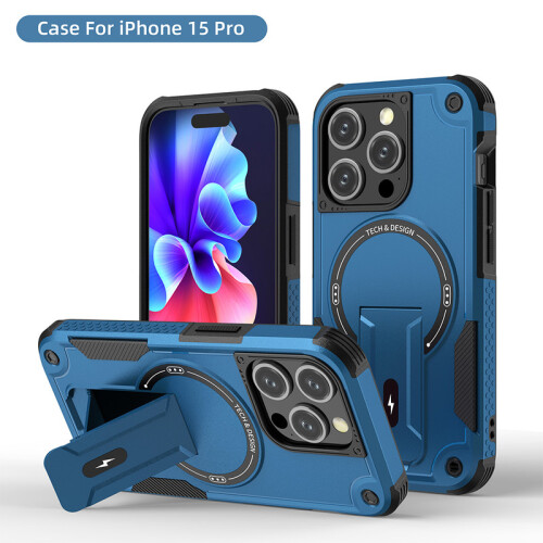 (iPhone 15 Pro, Marineblau) iPhone Hülle stoßfest mit Ständer und Magnetring