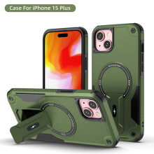 (iPhone 15 Plus, Armeegrün) iPhone Hülle stoßfest mit Ständer und Magnetring