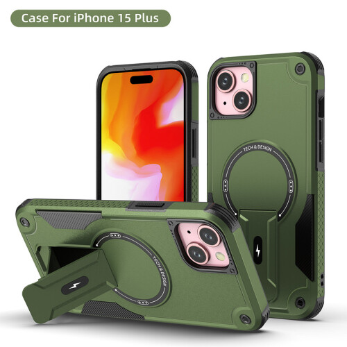 (iPhone 15 Plus, Armeegrün) iPhone Hülle stoßfest mit Ständer und Magnetring