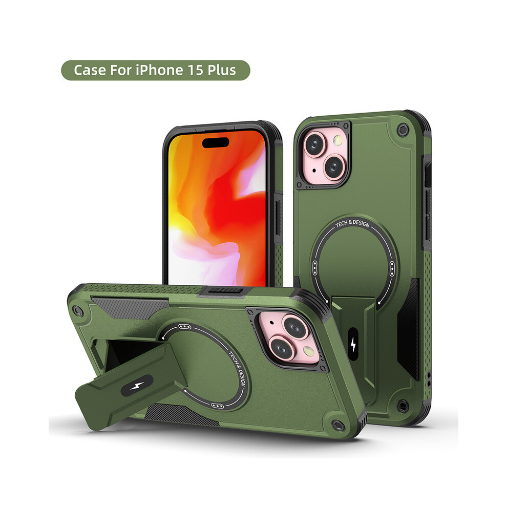 (Iphone 15 Plus, Army ) Magnetic Phone Case Shockproof Rugged Protective Cover With Kickstand, Anti-Slip Grip, Magnetic Charging Compatible Green 8006579630251